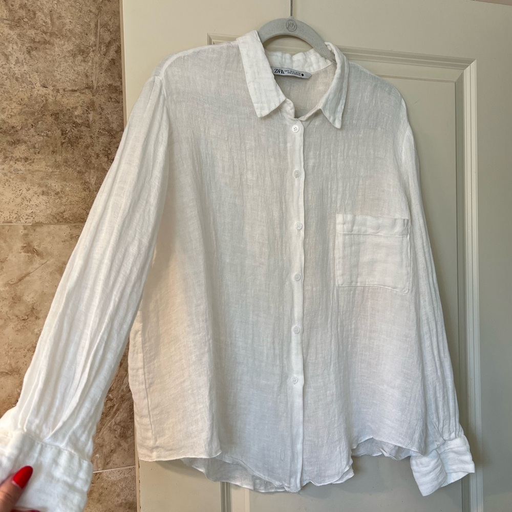 White linen button down shirt from Zara
